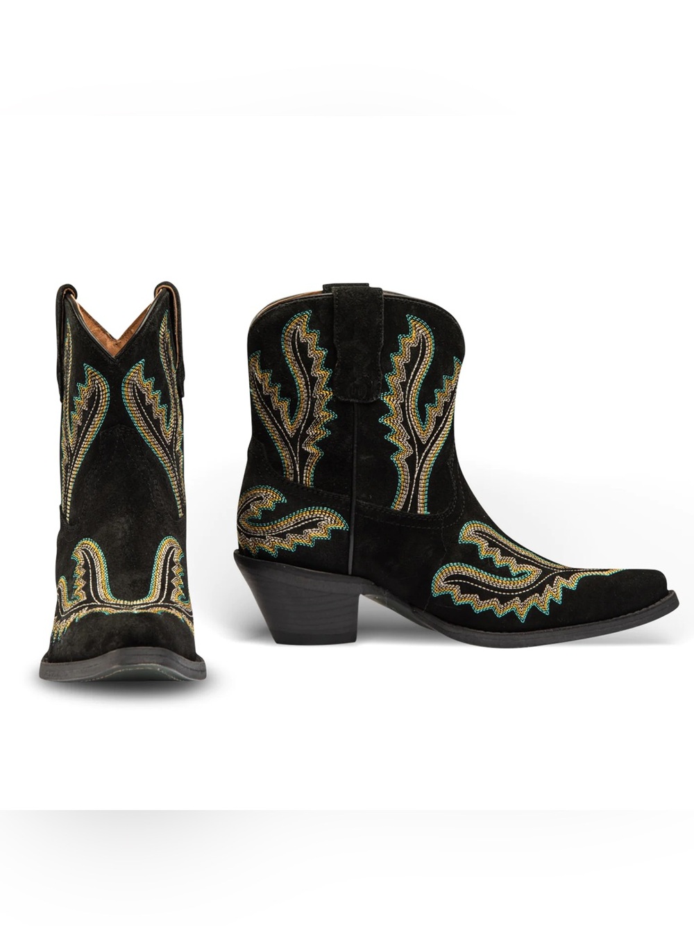 Embroidered Black Suede Western Ankle Boots